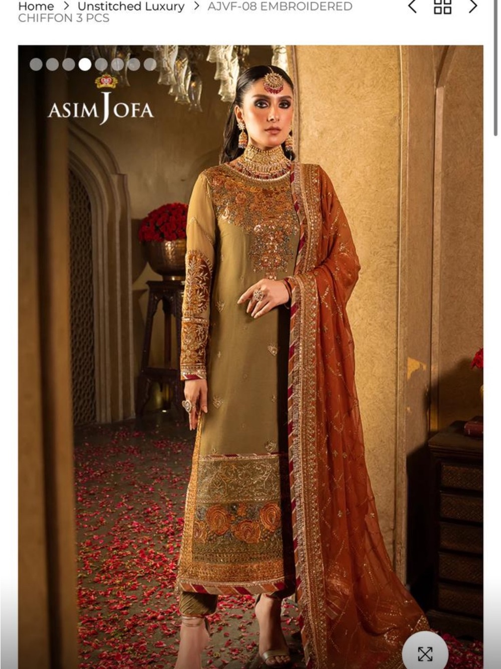 Olive & Rust Embroidered Women's Pakistani Dress - Asim Jofa